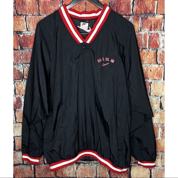 Vintage Nike Men’s XL Black Red White Windbreaker Pullover V-Neck Snap Jacket - Picture 2 of 6